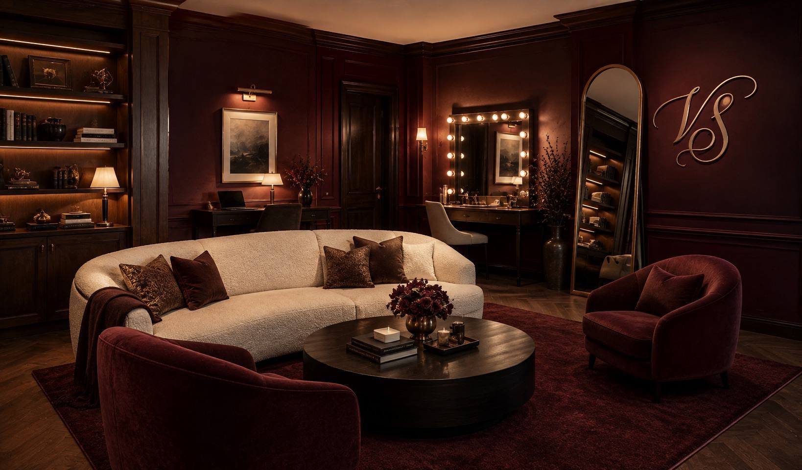 A panelled lounge in oxblood and gold: a curved cream sofa, a lit vanity mirror, a full-length mirror and the Valmont Society monogram on the wall.
