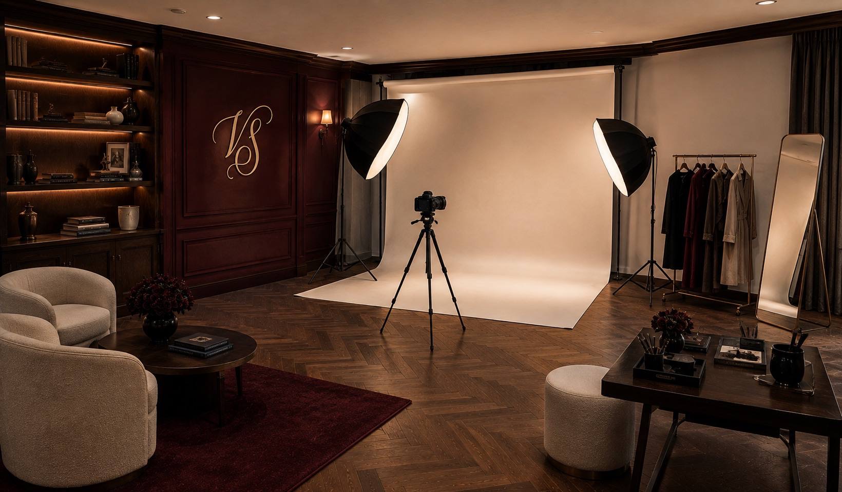 A photography set: a lit backdrop, two softboxes and a camera on a tripod, with a wardrobe rail, a full-length mirror and a working desk to either side.