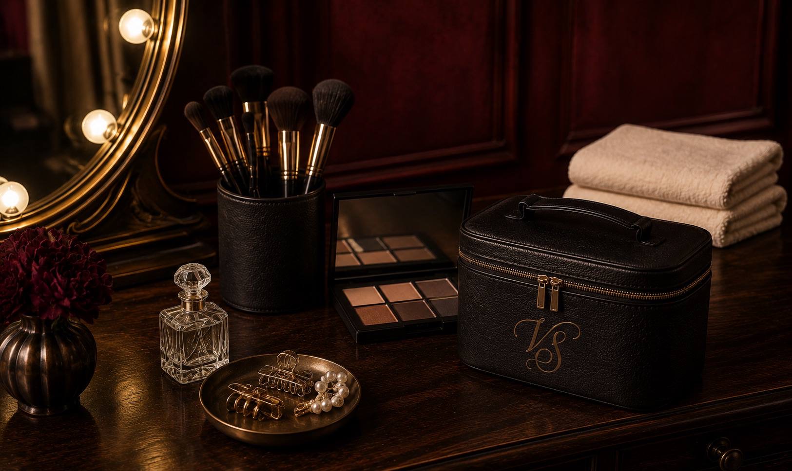 A dressing table laid out with brushes, a neutral palette, a gold trinket dish and a monogrammed Valmont Society case.